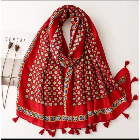 NEW Boho Floral Design Tasseled Rectangle Soft Chic Scarf Large Red Yellow Blue - Picture 7 of 15